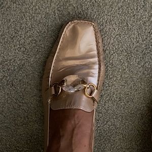 Gold patent leather mules